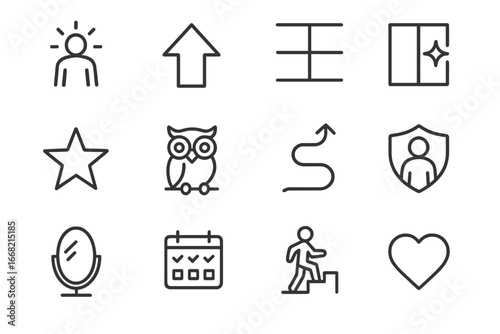 Self-Improvement Icon Set. Outline icon set of becoming your best self: glowing figure, upward arrow,