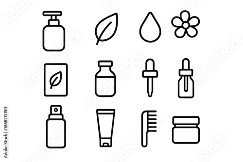 Herbal Hair Oil Icons. Outline icon set of herbal hair oils: pump bottle, leaf, oil droplet, flower, label,