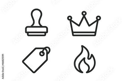 Four simple outline icons: stamp, crown, tag, and flame for approval, royalty, sale, and energy