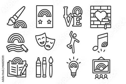 Pride Art Icons. Outline icon set of pride art and creativity: rainbow brush, pride poster, love sculpture,