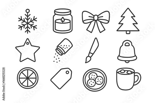 Holiday Craft Icons. Outline icon set of holiday craft night: snowflake ornament, jar candle, red ribbon, clay