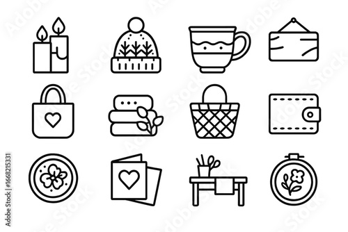 Handmade Crafts Icons. Outline icon set of handmade crafts and goods: scented candles, knitted hat, pottery
