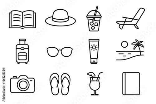 Holiday Icon Set. Outline icon set of holiday leisure: open book, straw hat, iced coffee, recliner chair,