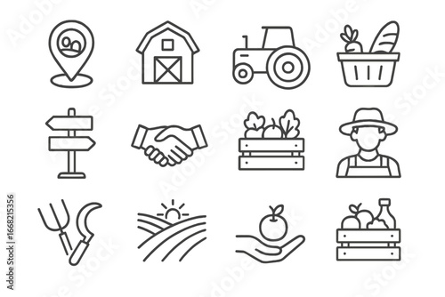 Farm-To-Table Icons. Outline icon set of farm-to-table shopping: map pin on farm, barn icon, tractor, delivery