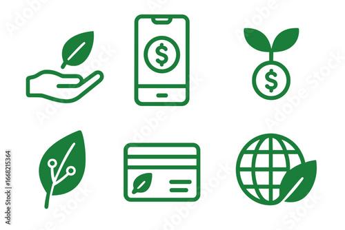 Eco-friendly finance and business icons for sustainability, growth, and global responsibility