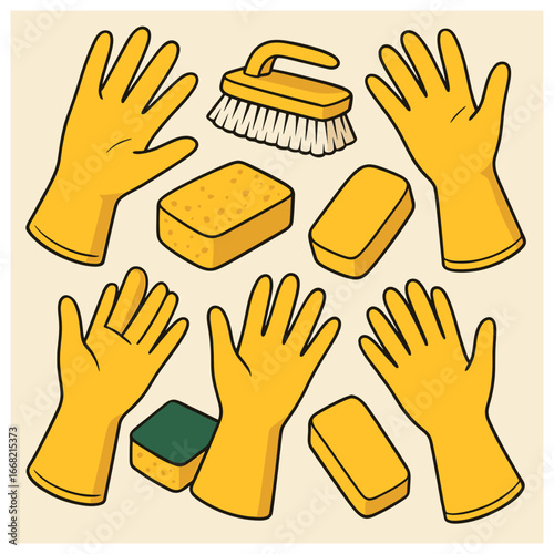 Cleaning tools vector: vibrant yellow essentials for home care and hygiene