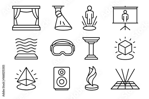 Holographic Icon Set. Outline icon set of holographic performance spaces: stage, spotlight, hologram figure,
