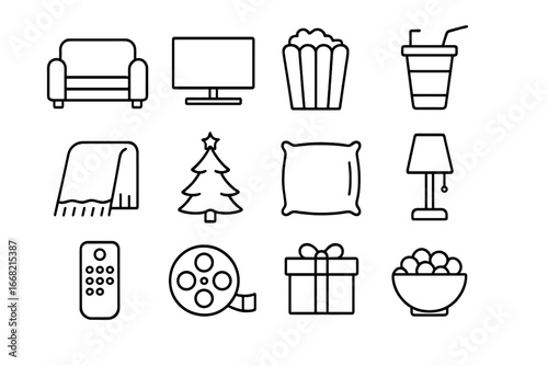 Holiday Movie Icons. Outline icon set of holiday movie time: couch, TV screen, popcorn bucket, soda cup,