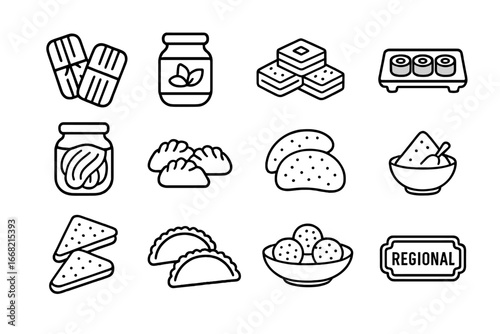 Ethnic Food Icons. Outline icon set of regional and ethnic foods: tamales, curry jar, baklava, sushi tray,