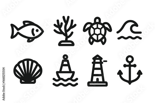 Nautical icons: fish, coral, turtle, wave, seashell, buoy, lighthouse, anchor for marine themes