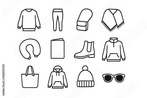 Comfy Travel Icon Set. Outline icon set of comfy travel wear: oversized sweater, leggings, crossbody bag, wool