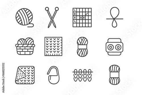 Handmade Knitwear Icons. Outline icon set of handmade knitwear: ball of yarn, knitting needles, pattern chart,