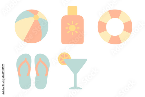 Summer beach vacation items: ball, sunscreen, flip-flops, cocktail, life preserver