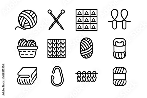 Handmade Knitwear Icons. Outline icon set of handmade knitwear: ball of yarn, knitting needles, pattern chart,