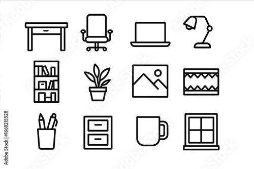 Home Office Icons. Outline icon set of home office staging: desk, office chair, laptop, desk lamp, bookshelf,