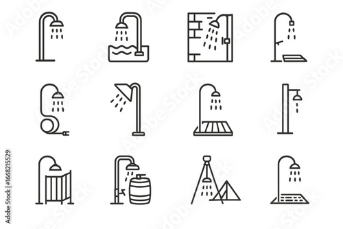 Outdoor Shower Icons. Outline icon set of outdoor shower setups: garden shower, pool rinse, wall tap, foot