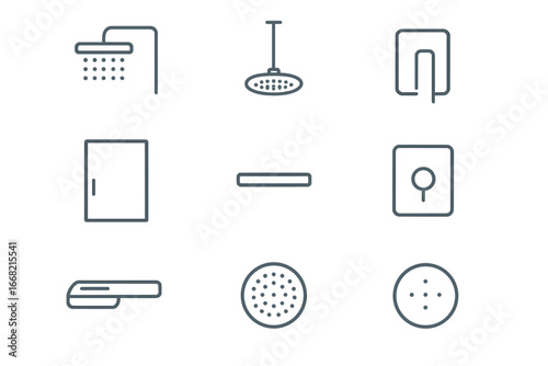 Minimalist Shower Icons. Outline icon set of minimalist shower design: square head, brushed steel finish,