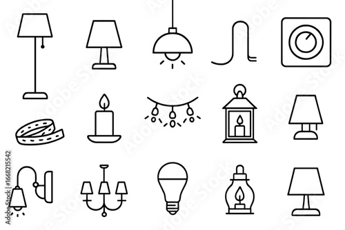 Home Lighting Icons. Outline icon set of home lighting for mood setting: floor lamp, table lamp, pendant light