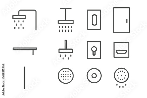 Minimalist Shower Icons. Outline icon set of minimalist shower design: square head, brushed steel finish,