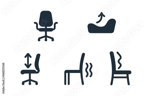 Chair icons for ergonomic support, height adjustment, and climate control features