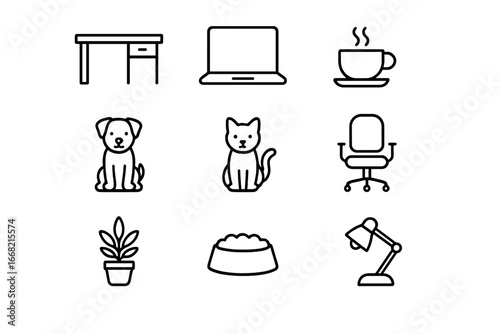 Home Office Icons. Outline icon set of home office with pets: desk, laptop, coffee cup, dog, cat, chair, plant