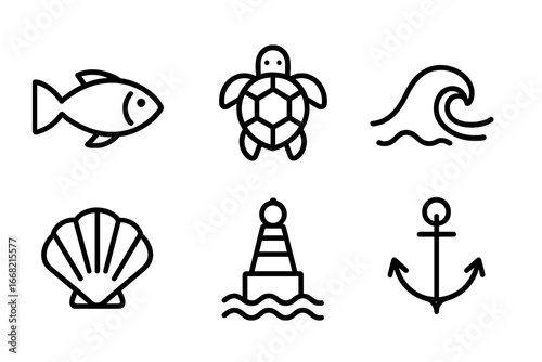 Marine life and nautical elements line art icons: fish, turtle, wave, seashell, lighthouse, anchor