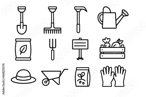 Community Garden Icons. Outline icon set of community garden tools: spade, rake, hoe, watering can, compost