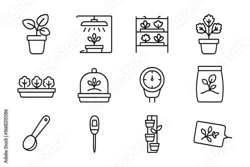 Indoor Garden Icons. Outline icon set of indoor edible gardens: basil pot, grow lamp, indoor rack, parsley