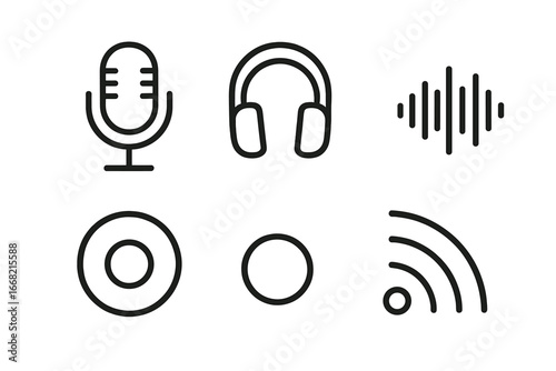 Audio and communication icons: microphone, headphones, sound waves, wifi signal