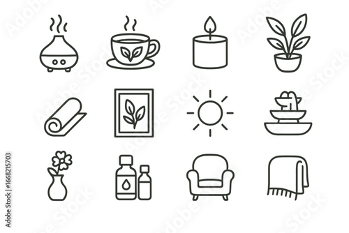 Home Wellness Icons. Outline icon set of home wellness through plants: aroma diffuser, herbal tea leaves,