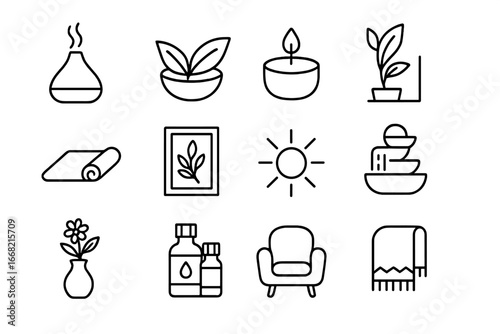 Home Wellness Icons. Outline icon set of home wellness through plants: aroma diffuser, herbal tea leaves,