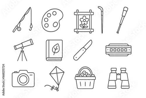 Countryside Hobby Icons. Outline icon set of countryside hobbies: fishing rod, paint palette, flower press,