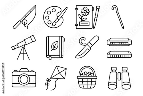 Countryside Hobby Icons. Outline icon set of countryside hobbies: fishing rod, paint palette, flower press,