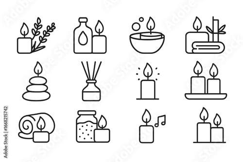 Spa Relaxation Icons. Outline icon set of spa and relaxation candles: lavender scent, massage oil, bath
