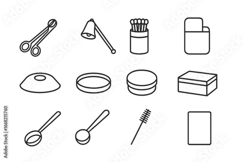 Candle Accessory Icons. Outline icon set of candle accessories: wick trimmer, snuffer bell, match holder,
