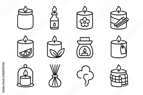 Scented Candle Icons. Outline icon set of scented candles: aroma jar, essential oil, flower scent, cinnamon
