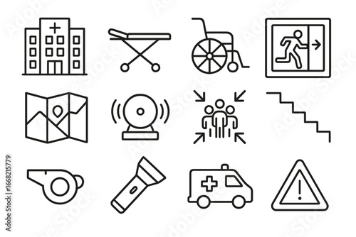 Hospital Evacuation Icons. Outline icon set of hospital evacuation plans: hospital building, stretcher,