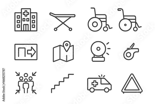 Hospital Evacuation Icons. Outline icon set of hospital evacuation plans: hospital building, stretcher,