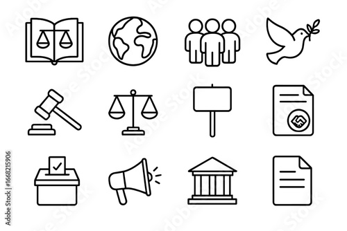 Human Rights Icon Set. Outline icon set of international human rights law: constitution, globe, human figures,