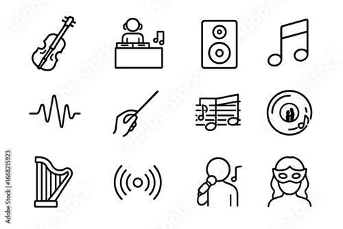 Music and Dance Icons. Outline icon set of music and dance entertainment: string violin, DJ booth, speaker