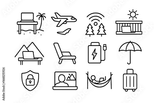 Mobile Work Icons. Outline icon set of work-from-anywhere lifestyle: beach desk, travel laptop, forest Wi-Fi,