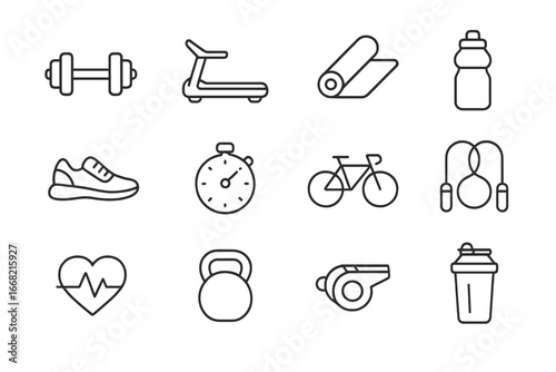 Hybrid Fitness Icons. Outline icon set of hybrid fitness icons: dumbbell, treadmill, yoga mat, water bottle,