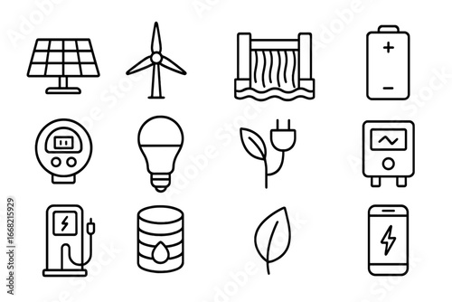 Hybrid Energy Icons. Outline icon set of hybrid renewable systems: solar panel, wind turbine, hydro dam,