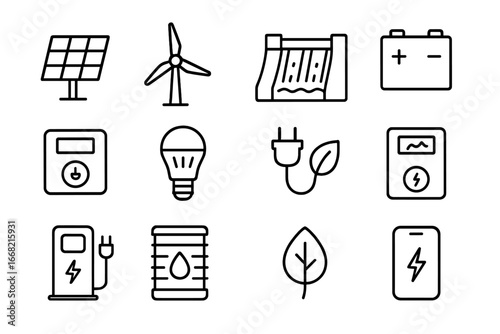 Hybrid Energy Icons. Outline icon set of hybrid renewable systems: solar panel, wind turbine, hydro dam,