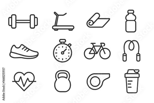 Hybrid Fitness Icons. Outline icon set of hybrid fitness icons: dumbbell, treadmill, yoga mat, water bottle,
