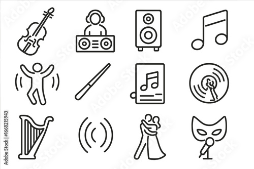 Music and Dance Icons. Outline icon set of music and dance entertainment: string violin, DJ booth, speaker