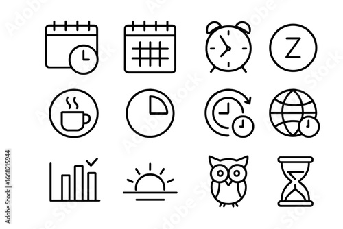 Flexible Work Icons. Outline icon set of flexible work hours: time planner, calendar grid, alarm clock, snooze