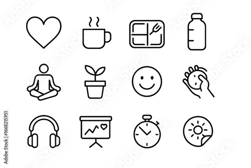 Hybrid Team Wellness Icons. Outline icon set of hybrid team well-being: heart icon, coffee break, lunch box,