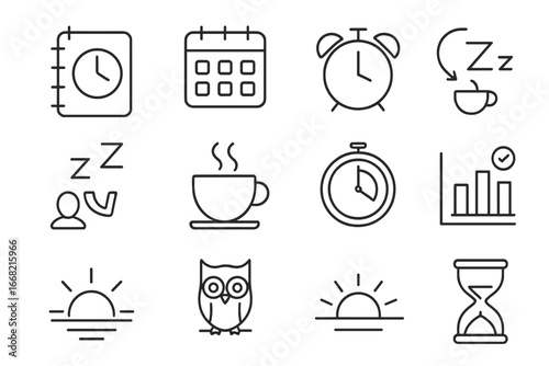 Flexible Work Icons. Outline icon set of flexible work hours: time planner, calendar grid, alarm clock, snooze