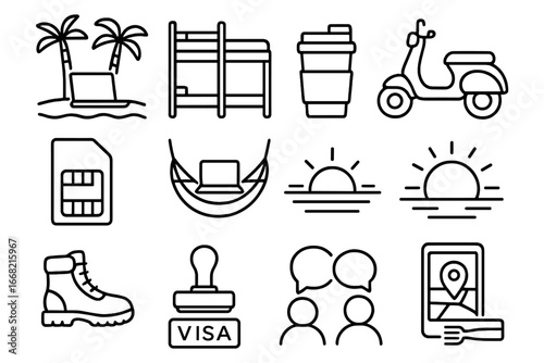 Digital Nomad Icons. Outline icon set of digital nomad lifestyle: beach laptop, hostel bed, travel mug,